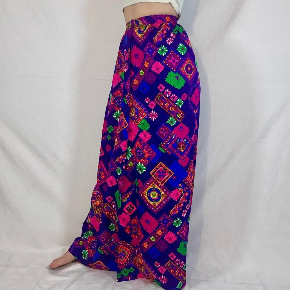 Vintage 1960s Tear Away Skirt Psychedelic Floral Print Purple Pink Green Neon